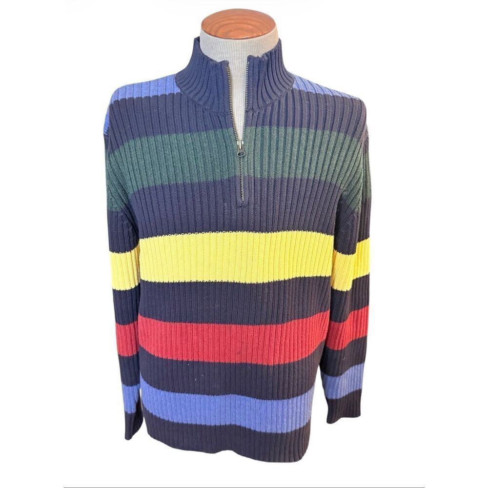 Lands End Quarter Zip Color Block Stripe Sweater Mock Neck Sz. XL Preppy